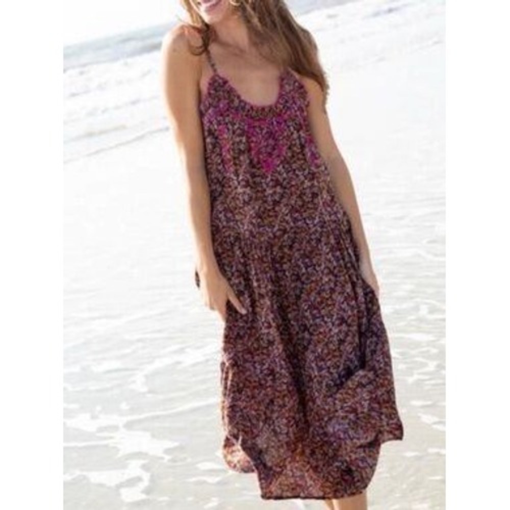 Natural Life Womens Brown Embroidered Floral Tiered Maxi Dress MEDIUM Pockets